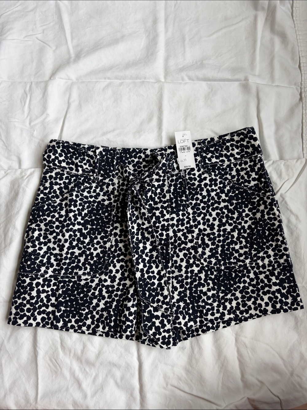 LOFT Navy and White Tie-Waist Printed Shorts